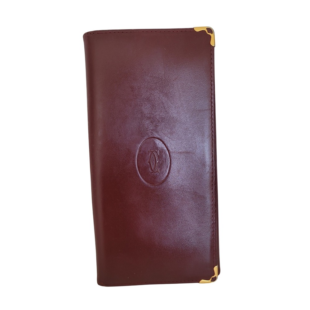 Cartier Must de Cartier Burgundy Leather Long Bifold Wallet Gold Corners Italy